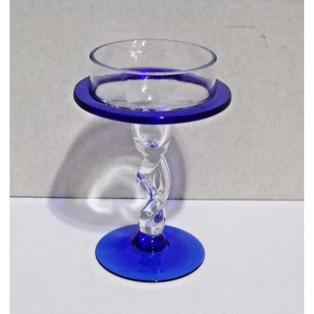 Cobalt Blue & Clear Hand Blown  Twisted Stem Candle Holder 6.5